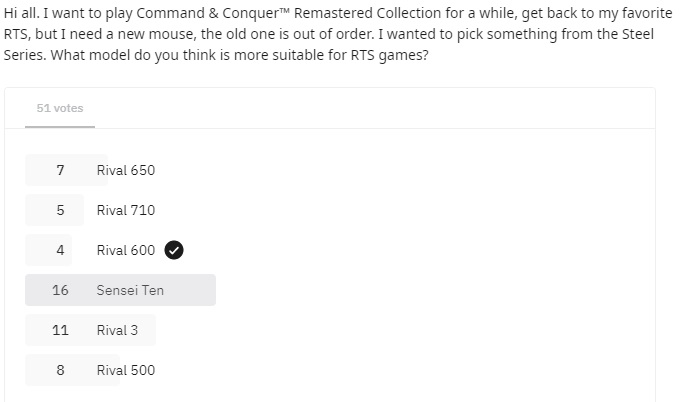 user poll on Reddit, there users choose best Steel Series mouse for RTS games.